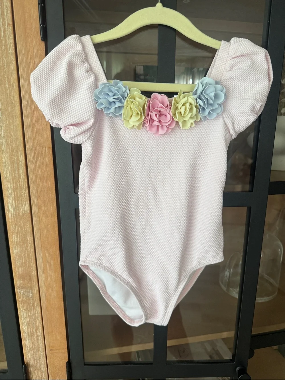 Janie & Jack one piece swimsuit short sleeve puff 3D flowers pastel toddler girl
